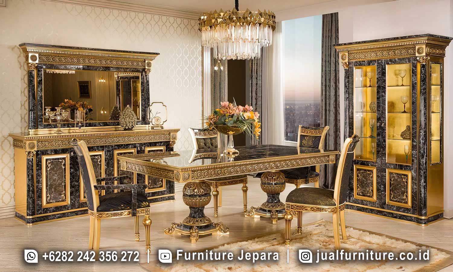 Set Meja Makan Mewah Klasik Marmer Hitam Gold Ck-075