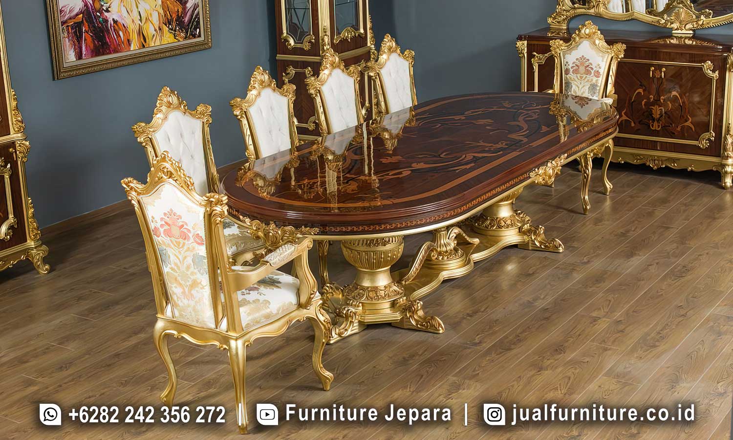 Set Meja Makan Oval Inlay Klasik Mewah Ukiran Gold Ck-076