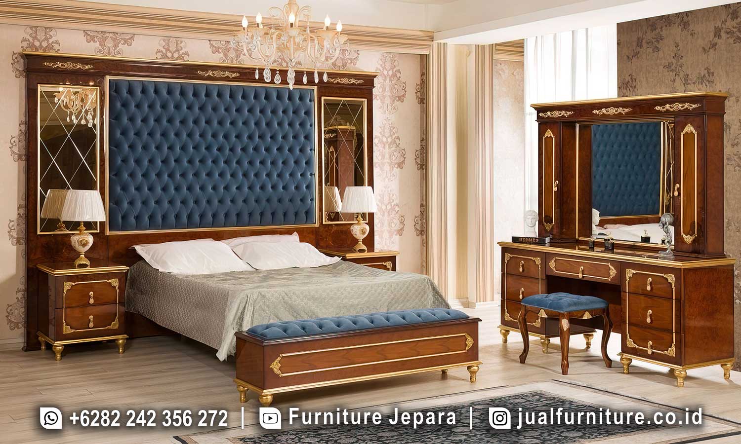 Set Tempat Tidur Mewah Klasik Royal Blue Velvet Ck-077