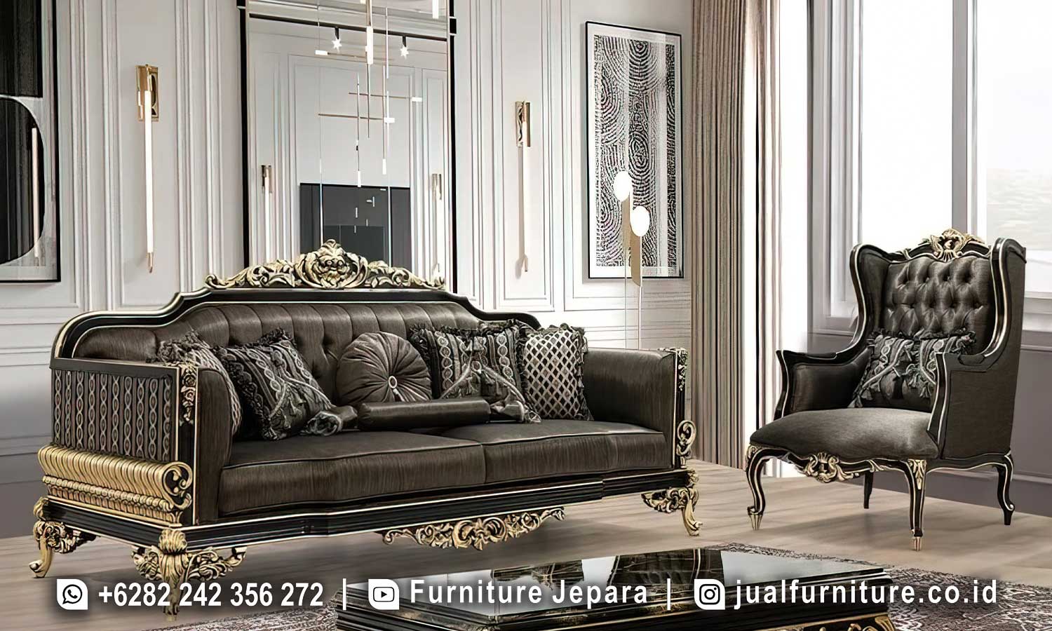 Sofa Ruang Tamu Klasik Mewah Warna Charcoal Ck-071