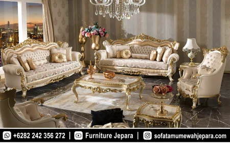 Sofa Tamu Mewah Rococo Royal Ukiran Klasik Ivory Gold