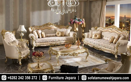Sofa Tamu Mewah Rococo Royal Ukiran Klasik Ivory Gold