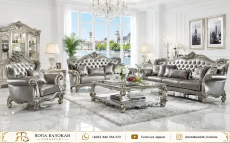 Jual Set Sofa Tamu Mewah Ukir 321 Kulit Oscar Silver Grey