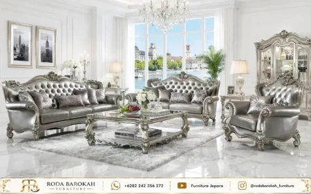 Jual Set Sofa Tamu Mewah Ukir 321 Kulit Oscar Silver Grey