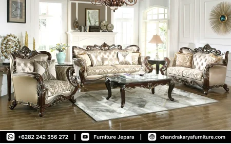 Jual Sofa Tamu Ukir Mewah Jepara Klasik Kain Satin
