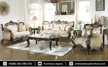 Jual Sofa Tamu Ukir Mewah Jepara Klasik Kain Satin