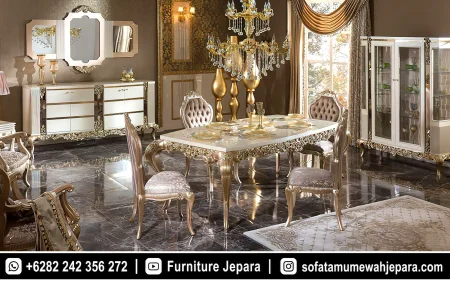 Meja Makan Mewah Klasik Gold White Duco Pearl