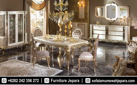 Meja Makan Mewah Klasik Gold White Duco Pearl