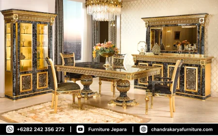 Meja Makan Mewah Ukir Klasik Top Marmer Hitam Glossy