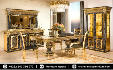 Meja Makan Mewah Ukir Klasik Top Marmer Hitam Glossy