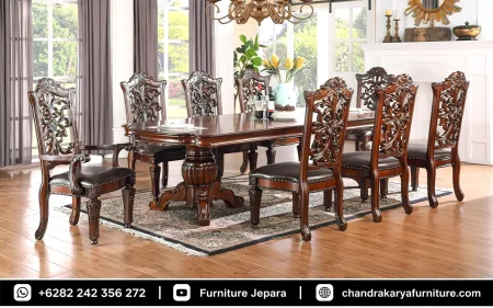 Model Meja Makan Klasik Ukiran Flora Jepara Kayu Jati Mewah