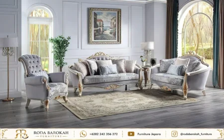 Model Sofa Tamu Mewah Style Soft Grey Gold Leaf Jepara