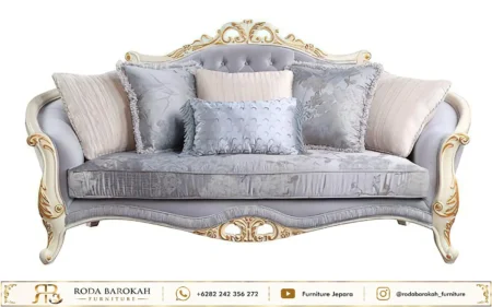 Model Sofa Tamu Mewah Style Soft Grey Gold Leaf Jepara
