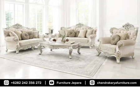 Promo Kursi Tamu Ukir Mewah Royal White Pearl Silver Leaf