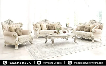 Promo Kursi Tamu Ukir Mewah Royal White Pearl Silver Leaf