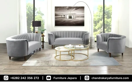 Rekomendasi Sofa Tamu Minimalis Mid Century Bludru Grey Modern