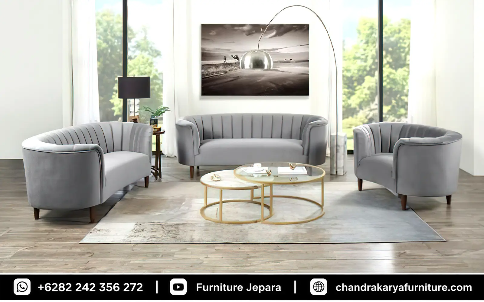 Rekomendasi Sofa Tamu Minimalis Mid Century Bludru Grey Modern
