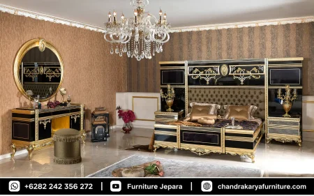 Set Kamar Tidur Mewah Hitam Kombinasi Emas Ukir Jepara