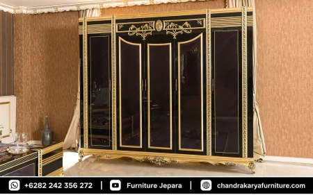 Set Kamar Tidur Mewah Hitam Kombinasi Emas Ukir Jepara