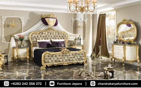 Set Kamar Tidur Mewah Klasik Motif Emas Ivory Kayu Jati