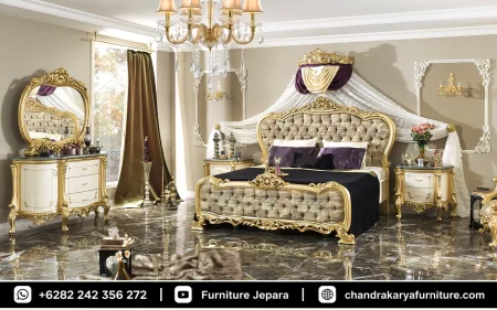 Set Kamar Tidur Mewah Klasik Motif Emas Ivory Kayu Jati