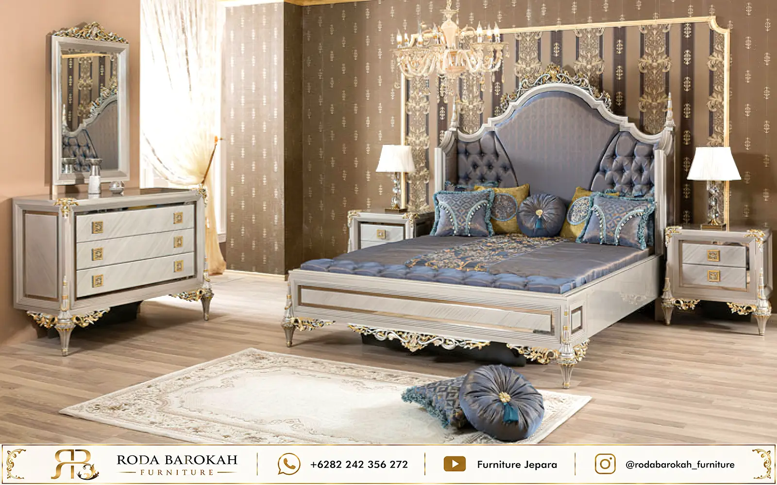 Set Kamar Tidur Ukir Mewah Gaya Neoclassical Pearl Grey