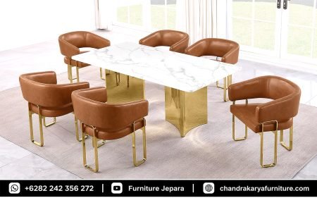 Set Kursi Makan Mewah Modern Marmer Carrera Kaki Stainless