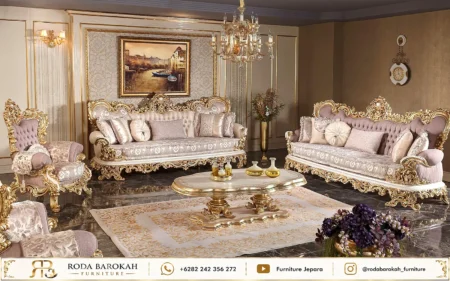Set Kursi Tamu Mewah Sultan Ukiran Jepara Gold Leaf Dusty Rose