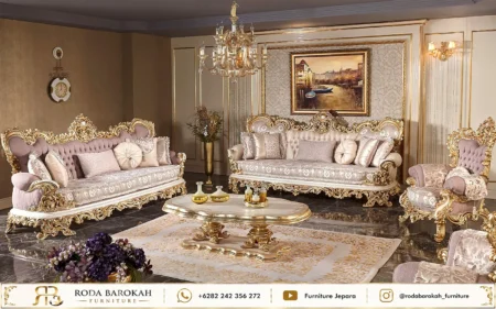 Set Kursi Tamu Mewah Sultan Ukiran Jepara Gold Leaf Dusty Rose