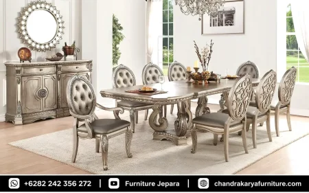 Set Meja Makan Kayu Jati Mewah Finishing Perak Antik