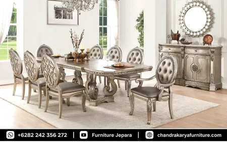 Set Meja Makan Kayu Jati Mewah Finishing Perak Antik