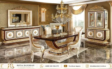 Set Meja Makan Klasik Mewah Royal Venetian Baroque Gold Leaf