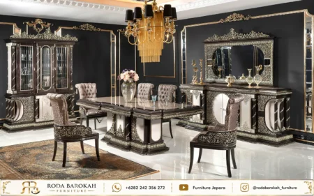 Set Meja Makan Klasik Royal Sultan Black Gold Ukiran Mewah