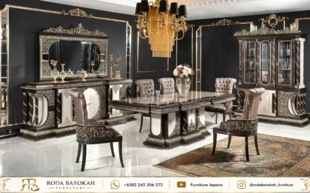 Set Meja Makan Klasik Royal Sultan Black Gold Ukiran Mewah
