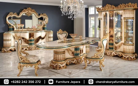 Set Meja Makan Mewah Estetik Ukir Emerald Zamrud