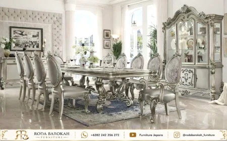 Set Meja Makan Mewah Klasik Eropa Silver Platinum Ukiran Jepara