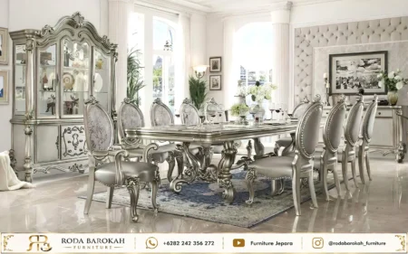 Set Meja Makan Mewah Klasik Eropa Silver Platinum Ukiran Jepara
