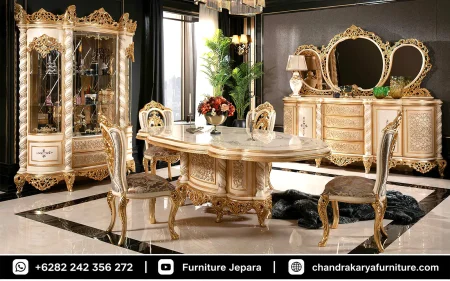 Set Meja Makan Mewah Ukir Emas Kombinasi Ivory Ala Istana