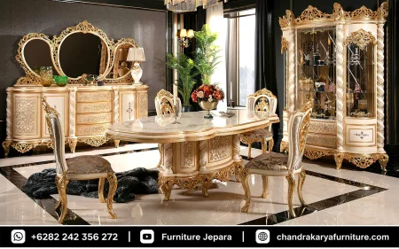 Set Meja Makan Mewah Ukir Emas Kombinasi Ivory Ala Istana