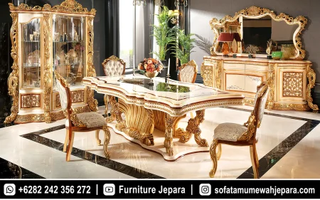 Set Meja Makan Mewah Ukiran Klasik Ivory Gold