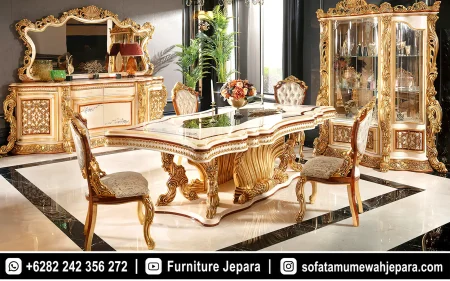 Set Meja Makan Mewah Ukiran Klasik Ivory Gold