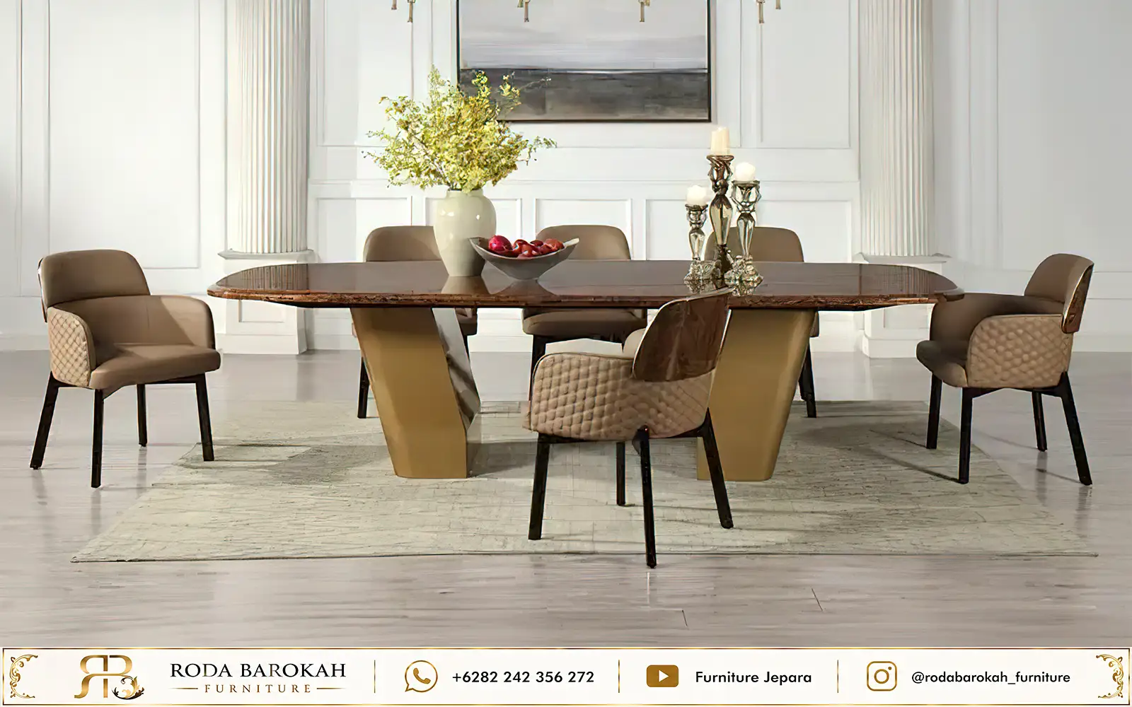 Set Meja Makan Minimalis Modern Gaya Italia Top Glossy Bronze