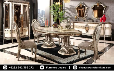 Set Meja Makan Oval Mewah Silver Classic Modern Ukir Jepara