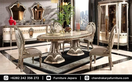Set Meja Makan Oval Mewah Silver Classic Modern Ukir Jepara