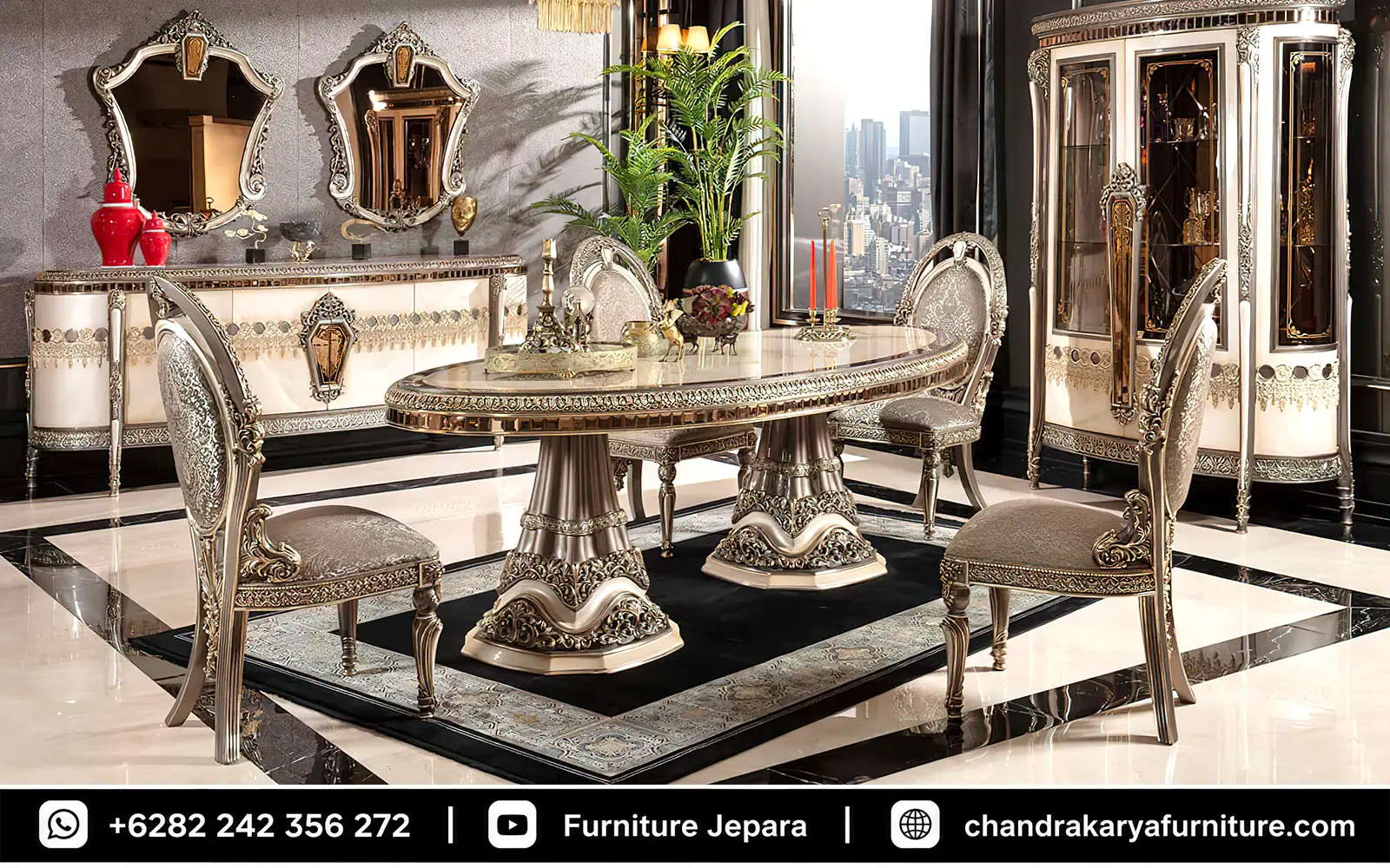 Set Meja Makan Oval Mewah Silver Classic Modern Ukir Jepara