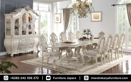 Set Meja Makan Ukir Jepara Mewah Putih Duco