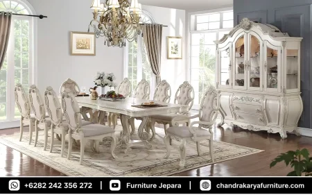 Set Meja Makan Ukir Jepara Mewah Putih Duco