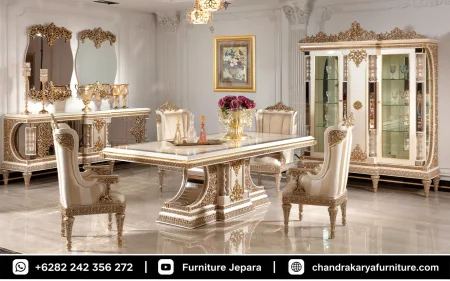 Set Meja Makan Ukir Klasik Mewah Pedestal Double Top