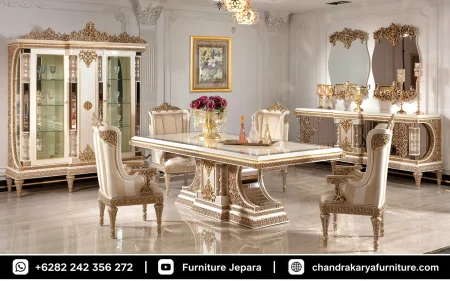 Set Meja Makan Ukir Klasik Mewah Pedestal Double Top
