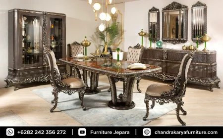 Set Meja Makan Ukir Mewah Kayu Jati Klasik Finishing Salak